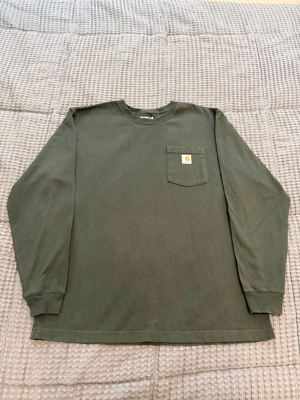 Carhartt Pocket T-Shirt – Men’s L Solid Green Loose Fit Long Sleeve Crew Neck